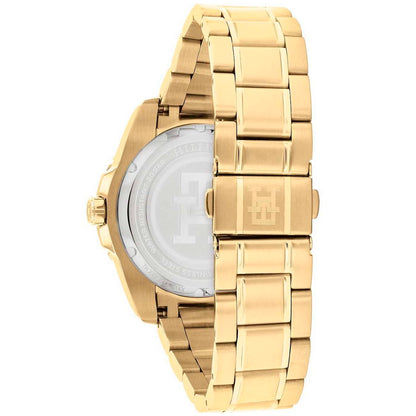 Tommy Hilfiger Quarzuhr mit goldfarbenem Gehäuse, sichtbarer Rückseite, goldfarbenem Gliederarmband