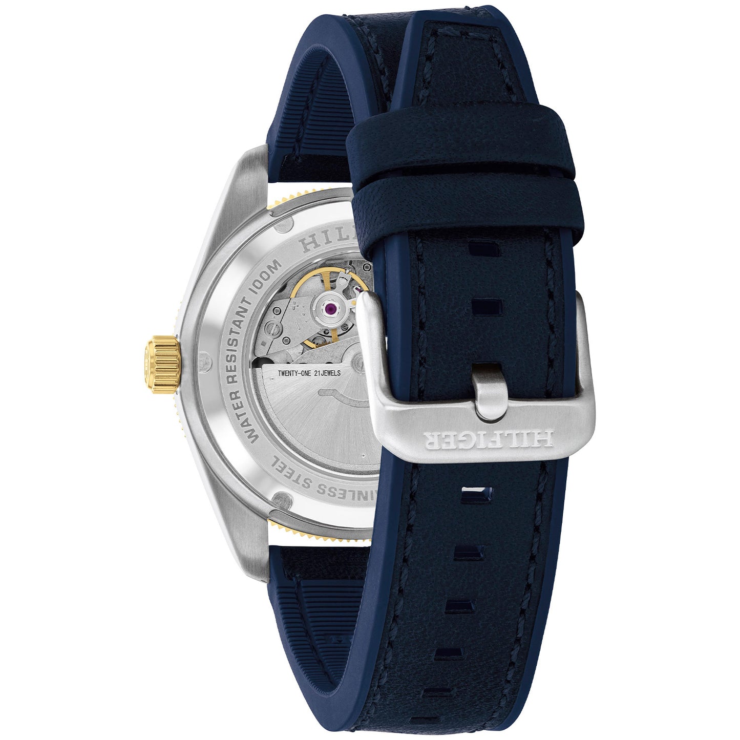 Tommy Hilfiger Herrenarmbanduhr mit Rückansicht, blauem Band und sichtbarem Uhrwerk