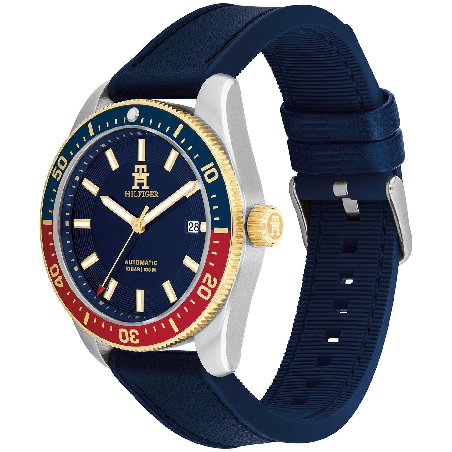 Tommy Hilfiger Herrenarmbanduhr, blaues Zifferblatt, silbernes Gehäuse, blaues Band