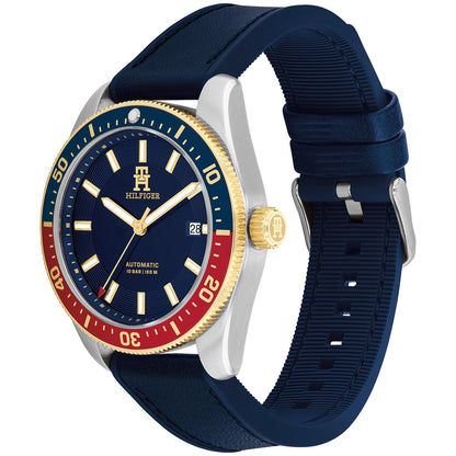 Tommy Hilfiger Herrenarmbanduhr, blaues Zifferblatt, silbernes Gehäuse, blaues Band