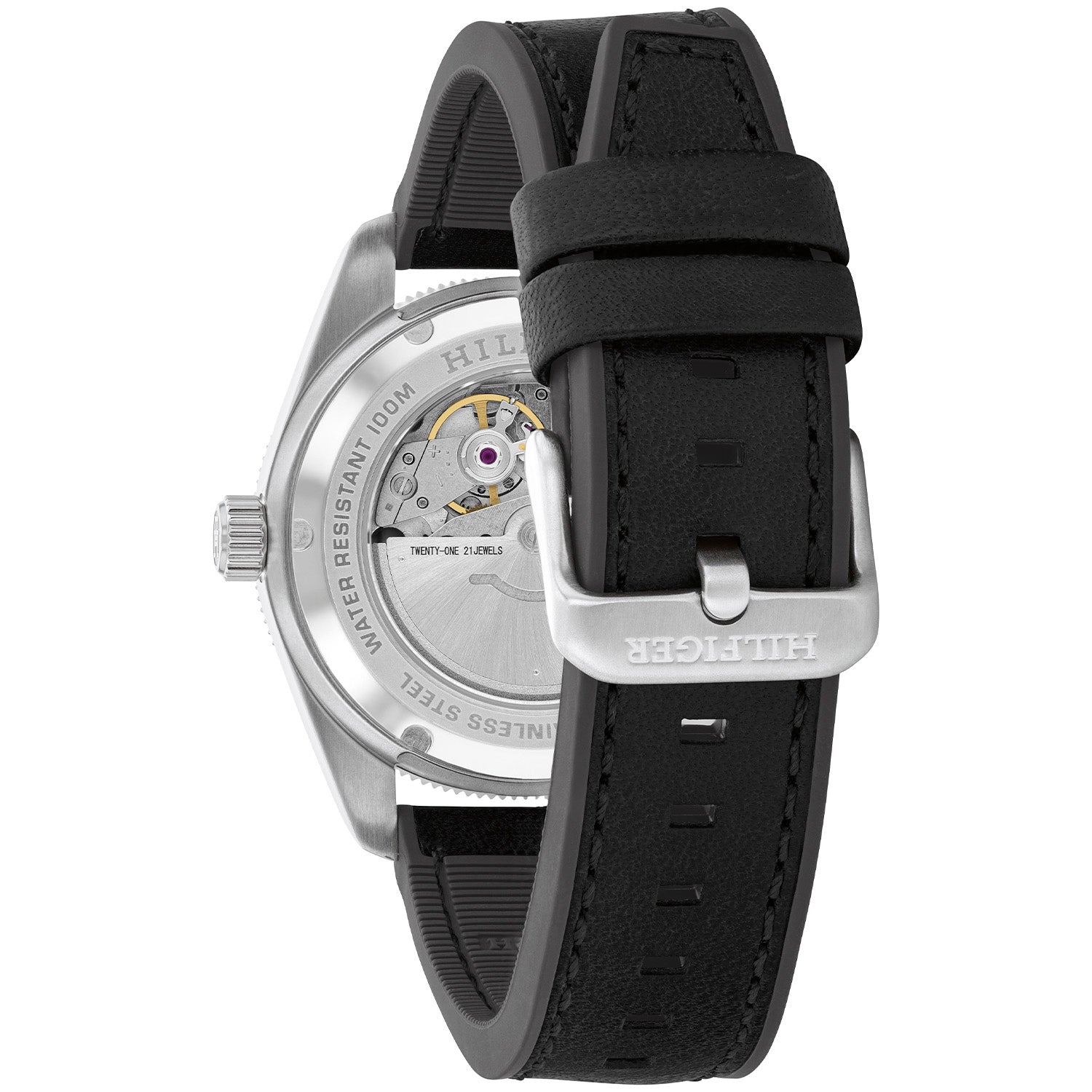 Tommy Hilfiger Herrenarmbanduhr Rückseite mit sichtbarem Werk und schwarzem Lederarmband
