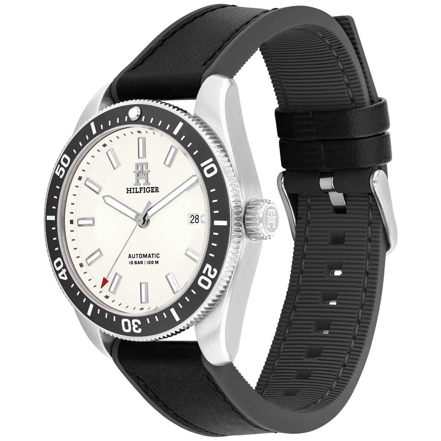 Tommy Hilfiger Herrenarmbanduhr mit weißem Zifferblatt, schwarzer Lünette und schwarzem Armband