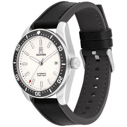 Tommy Hilfiger Herrenarmbanduhr mit weißem Zifferblatt, schwarzer Lünette und schwarzem Armband