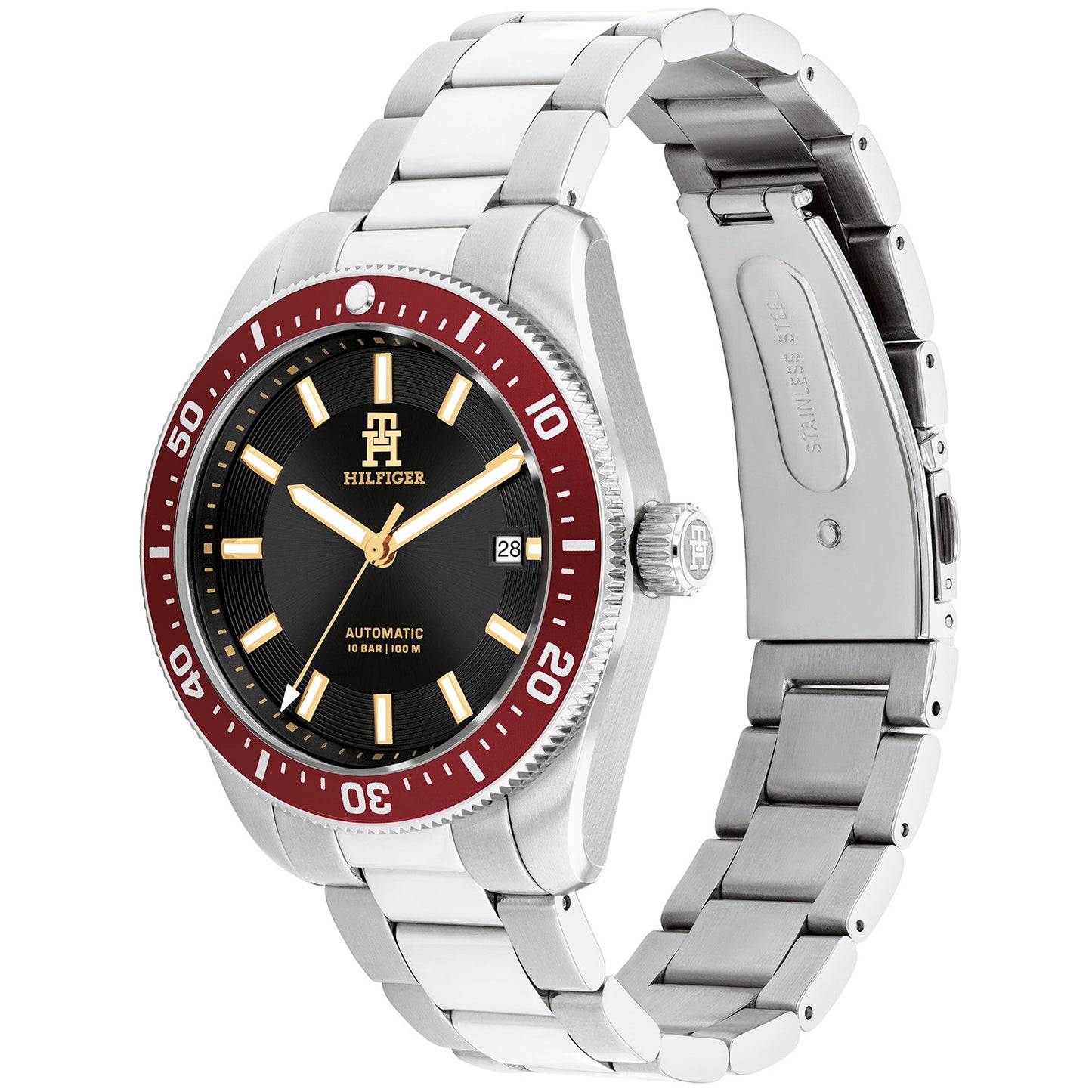 Tommy Hilfiger Herrenuhr mit silbernem Edelstahlarmband, schwarzem Zifferblatt, roter Lünette