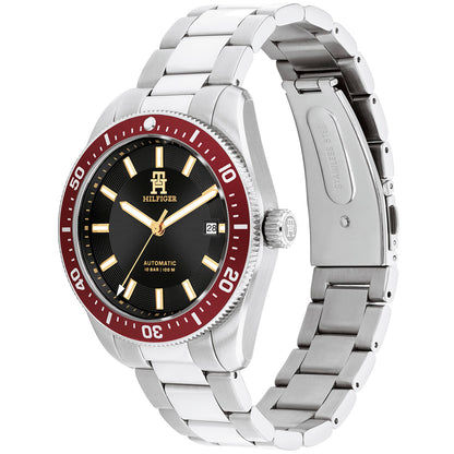Tommy Hilfiger Herrenuhr mit silbernem Edelstahlarmband, schwarzem Zifferblatt, roter Lünette