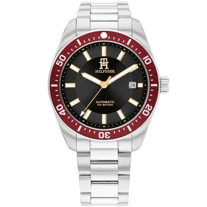 Tommy Hilfiger Herrenuhr TH85, silbernes Metallarmband, schwarzes Zifferblatt, rote Lünette