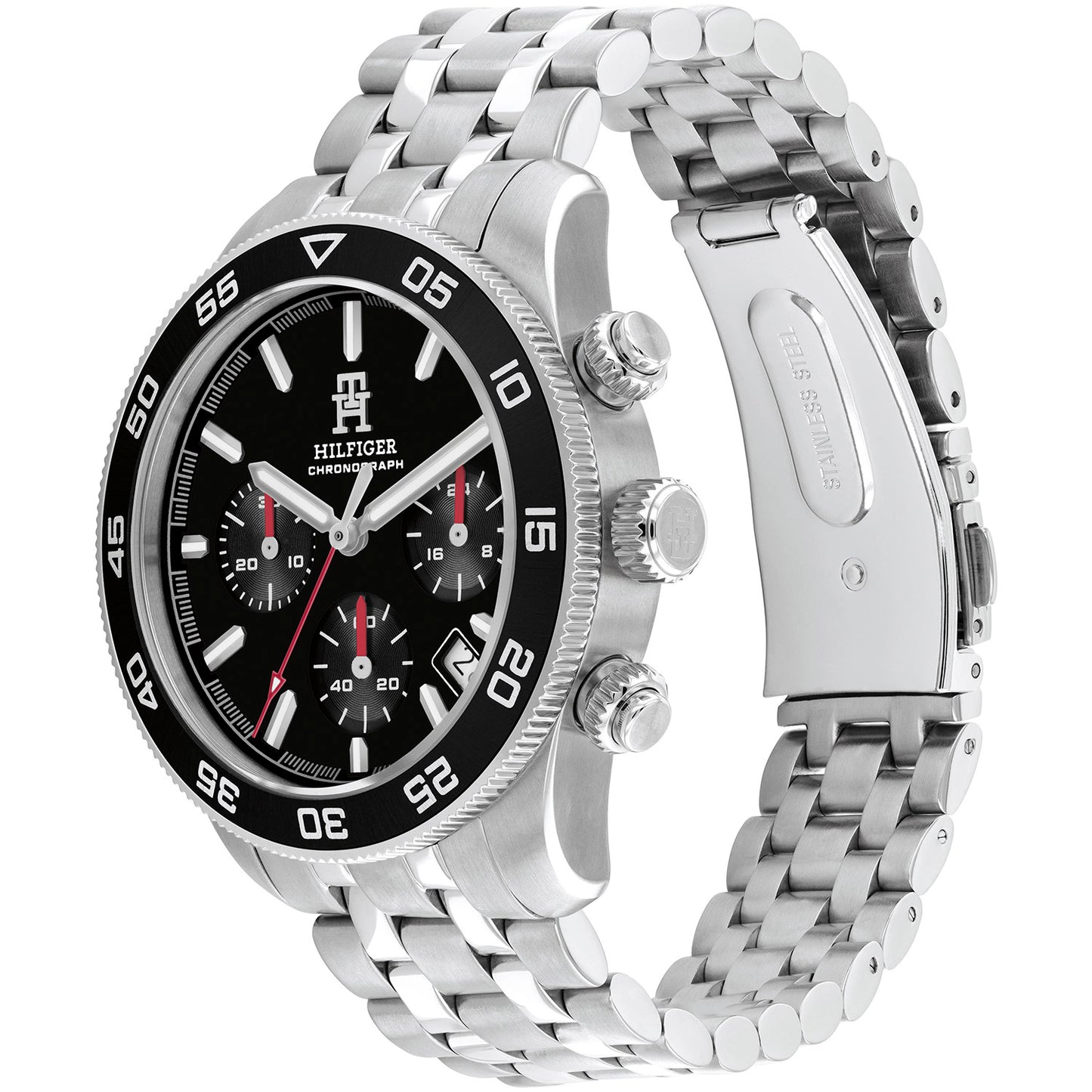 Chronograph-Herrenuhr mit silbernem Metallarmband, schwarzer Lünette und Drückern