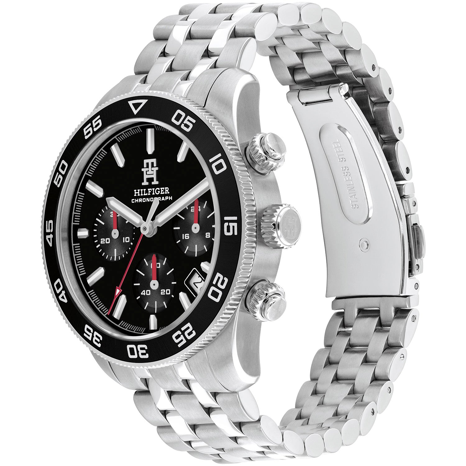 Chronograph-Herrenuhr mit silbernem Metallarmband, schwarzer Lünette und Drückern