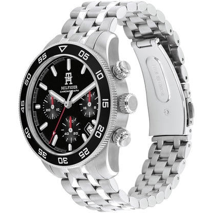 Chronograph-Herrenuhr mit silbernem Metallarmband, schwarzer Lünette und Drückern