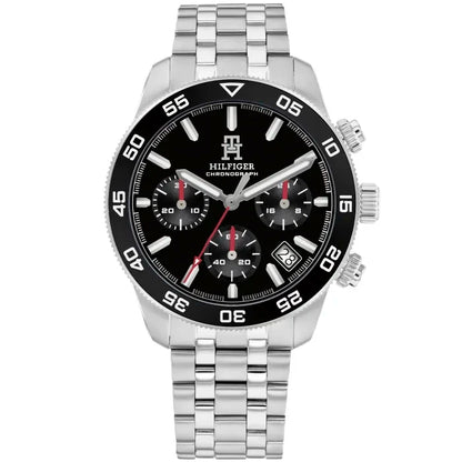 Tommy Hilfiger Herren-Chronograph: schwarzes Zifferblatt, Stahlband, rote Akzente