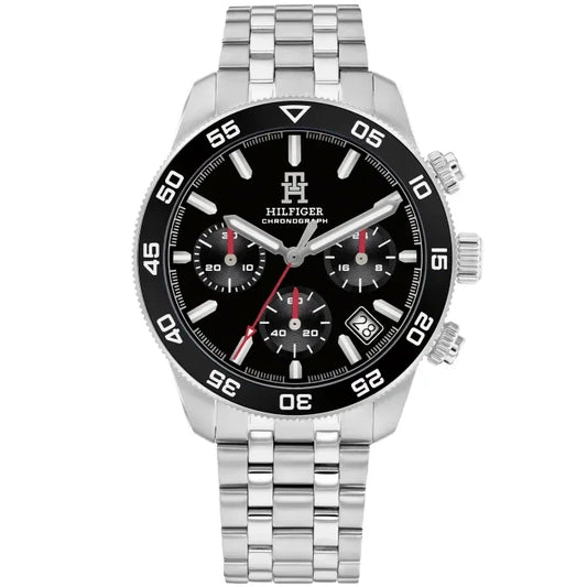 Tommy Hilfiger Herren-Chronograph: schwarzes Zifferblatt, Stahlband, rote Akzente