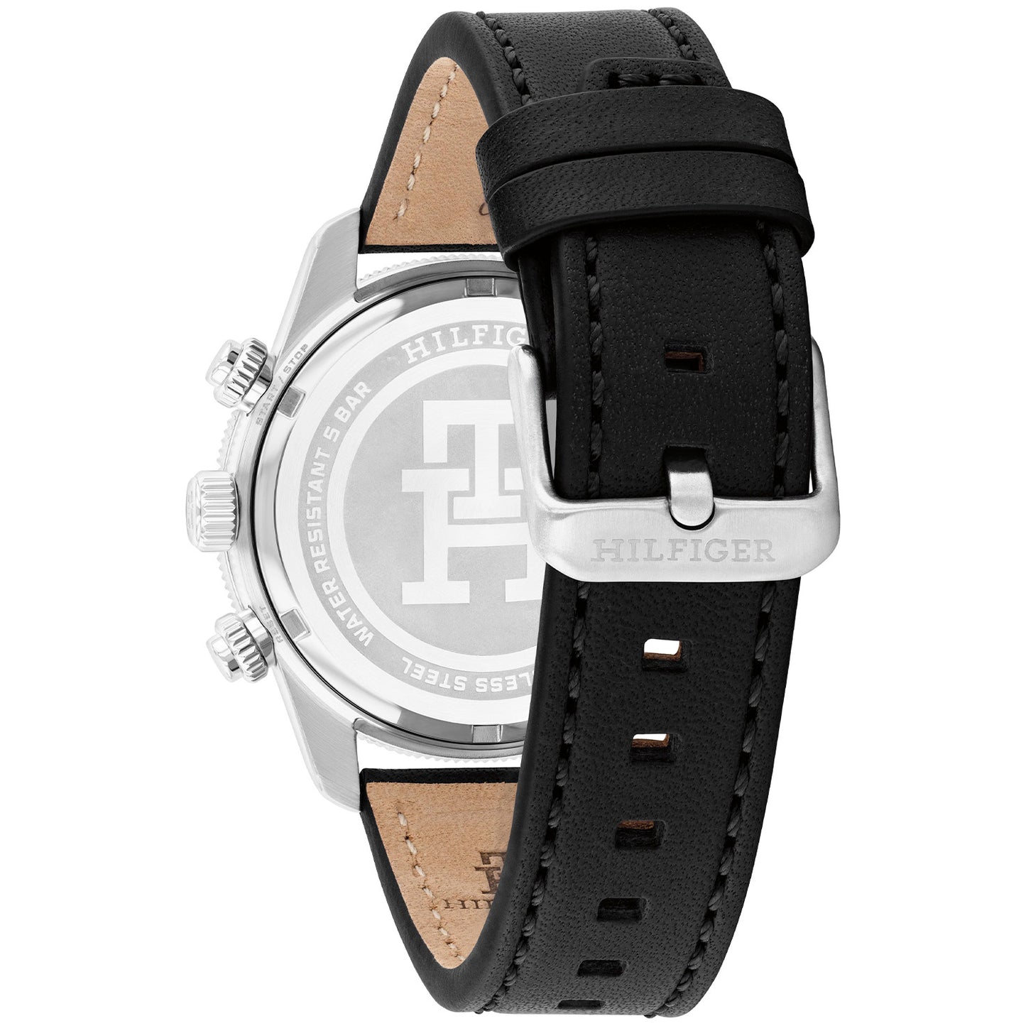 Tommy Hilfiger Armbanduhr Seitenansicht mit schwarzem Lederband und silbernem Gehäuse