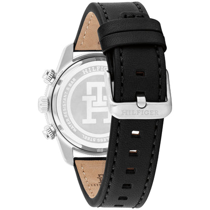 Tommy Hilfiger Armbanduhr Seitenansicht mit schwarzem Lederband und silbernem Gehäuse
