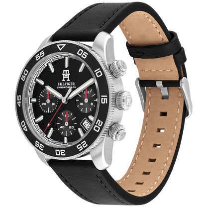 Tommy Hilfiger Armbanduhr mit schwarzem Lederband und tanfarbener Innenseite, rundes Chrono-Zifferblatt