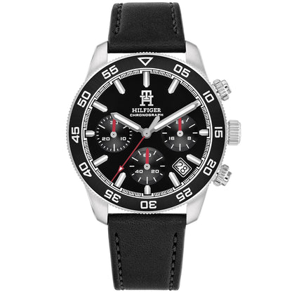 Tommy Hilfiger Armbanduhr mit schwarzem Zifferblatt, silbernem Gehäuse und schwarzem Lederband