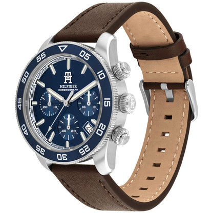 Tommy Hilfiger Herren-Quarzuhr mit blauem Chrono-Zifferblatt und braunem Lederarmband