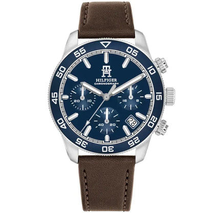 Tommy Hilfiger Herrenarmbanduhr TH85 mit dunkelblauem Zifferblatt, braunem Lederband und Chronograph.