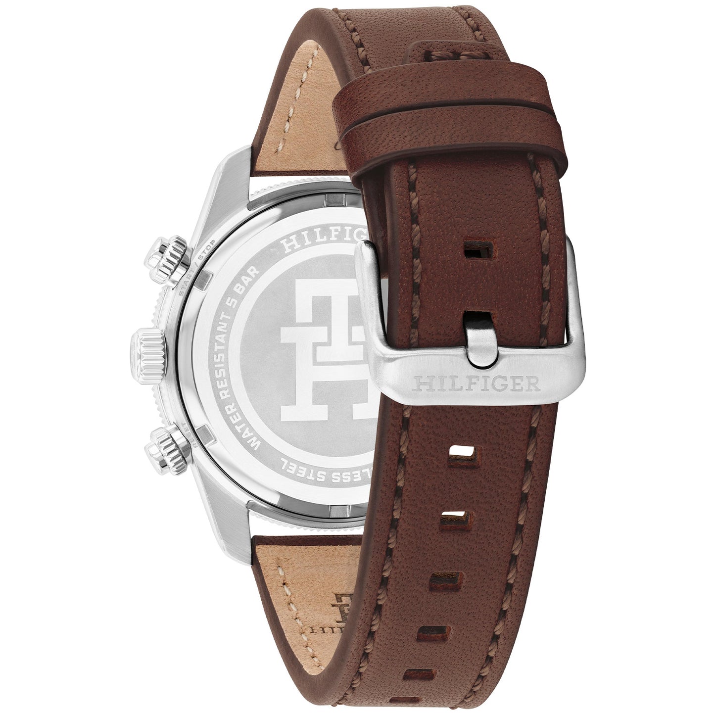 Tommy Hilfiger Herren-Quarzuhr mit braunem Lederband und Gehäuserückseite aus Metall