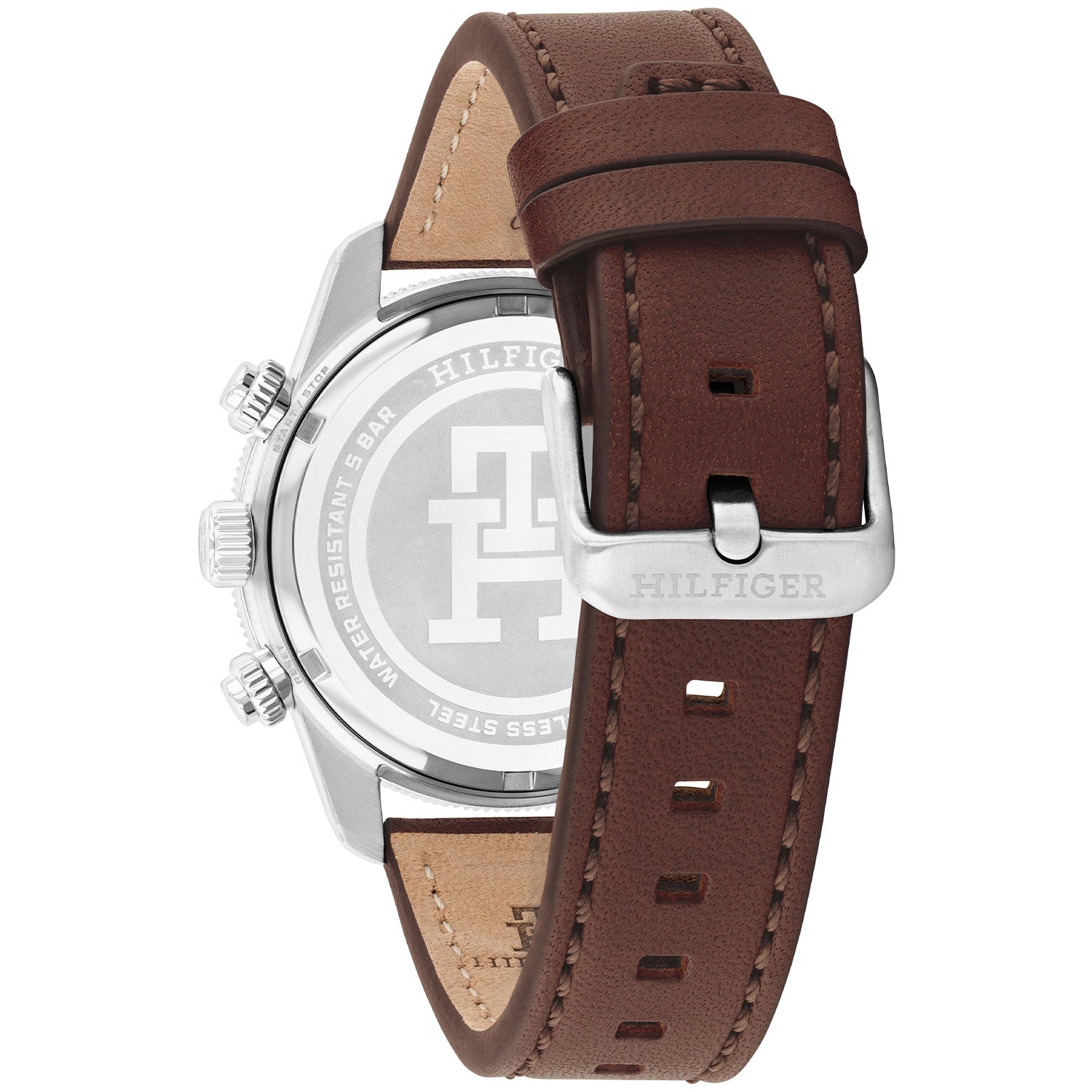 Tommy Hilfiger Herren-Quarzuhr mit braunem Lederband und Gehäuserückseite aus Metall