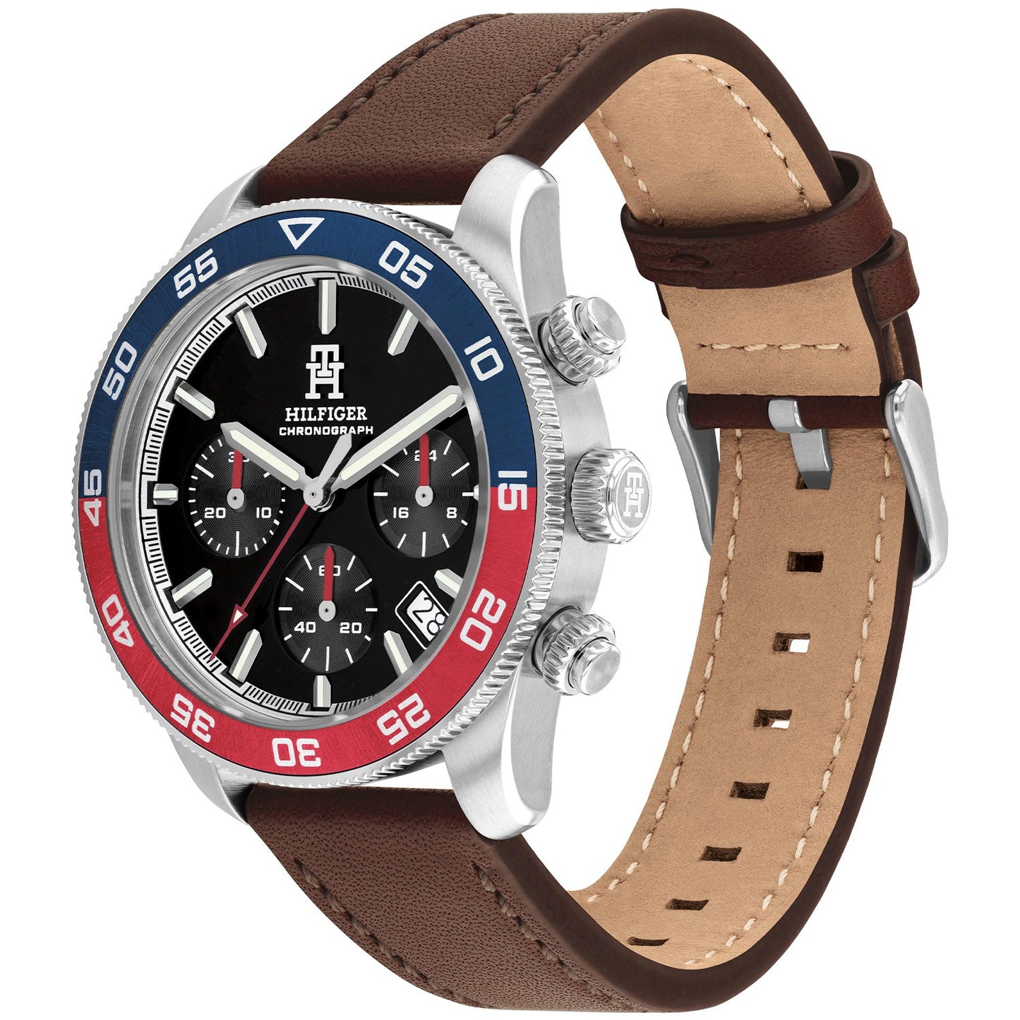 Tommy Hilfiger Herren-Quarzuhr mit braunem Lederband, roter Lünette und Chrono-Zifferblatt