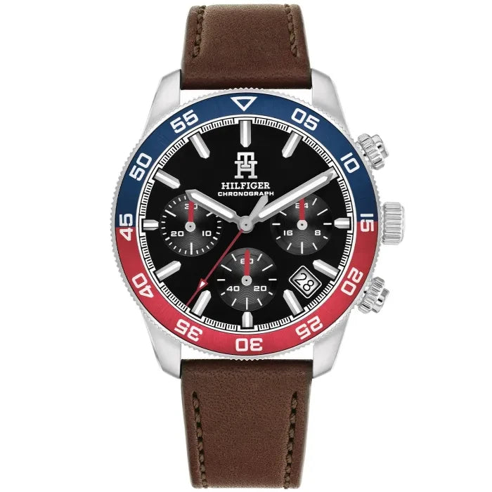 Tommy Hilfiger Herrenarmbanduhr: braunes Lederband, Gehäuse, blau-schwarzes Chronograph-Zifferblatt
