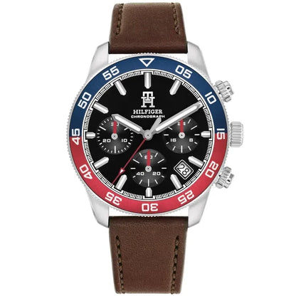 Tommy Hilfiger Herrenarmbanduhr: braunes Lederband, Gehäuse, blau-schwarzes Chronograph-Zifferblatt