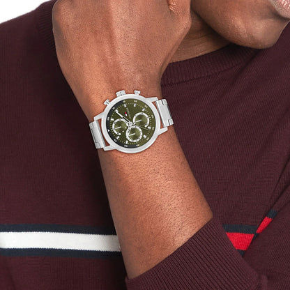 Herrenarmbanduhr mit grünem Zifferblatt, Chronographen-Optik und silbernem Metallband