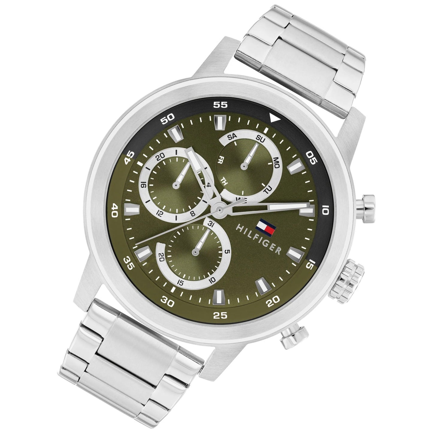 Herrenarmbanduhr: silbernes Edelstahlarmband und grünes Zifferblatt mit Hilfiger-Logo