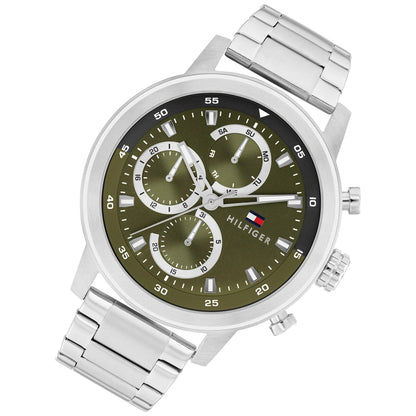 Herrenarmbanduhr: silbernes Edelstahlarmband und grünes Zifferblatt mit Hilfiger-Logo