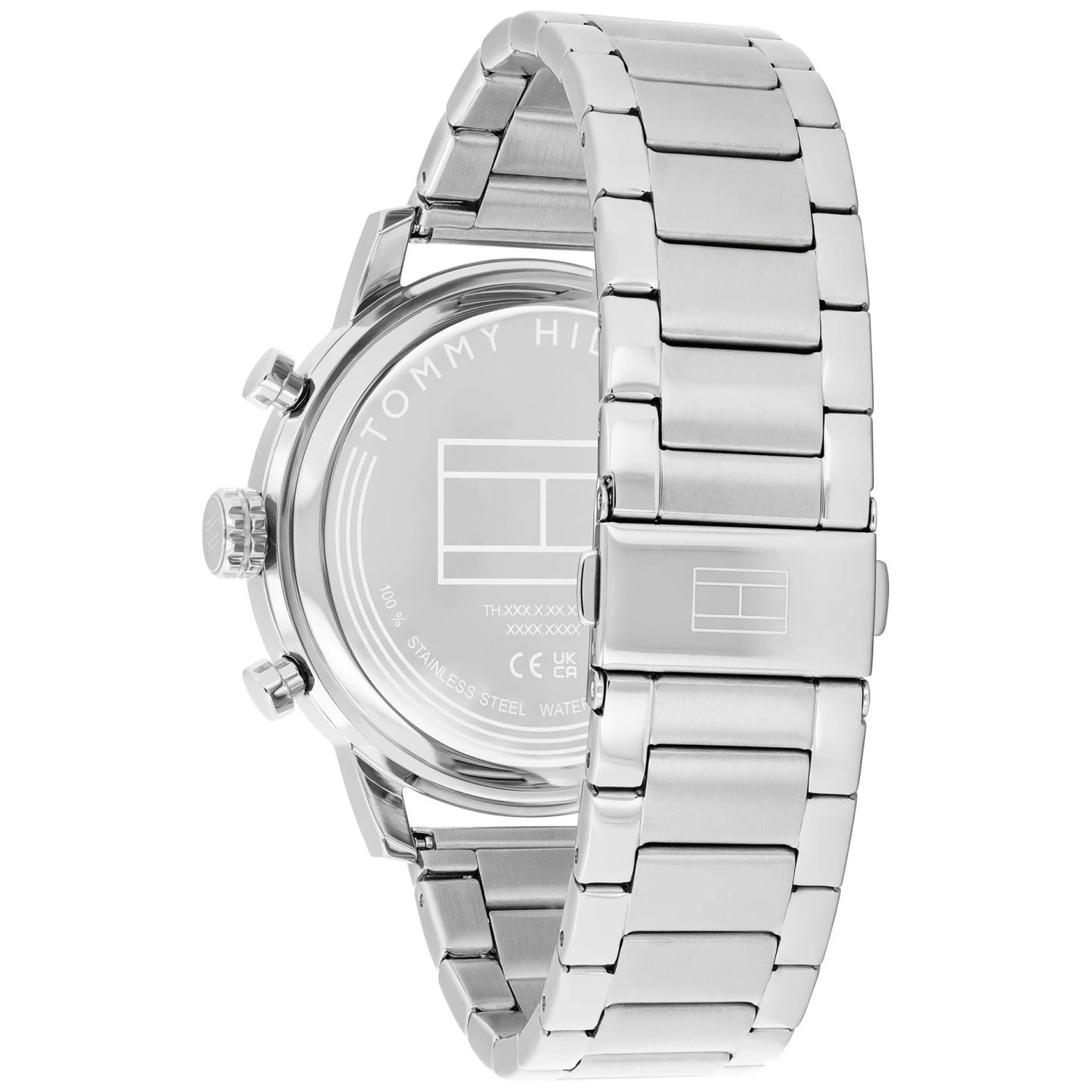 Herrenarmbanduhr Rückseite mit Edelstahlband und Gravuren, Aufzugskrone sichtbar