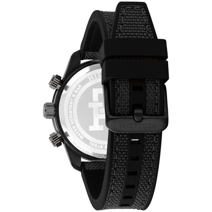 Tommy Hilfiger Armbanduhr mit schwarzer Lünette, Gehäuse und schwarzem Textil-Kautschukband