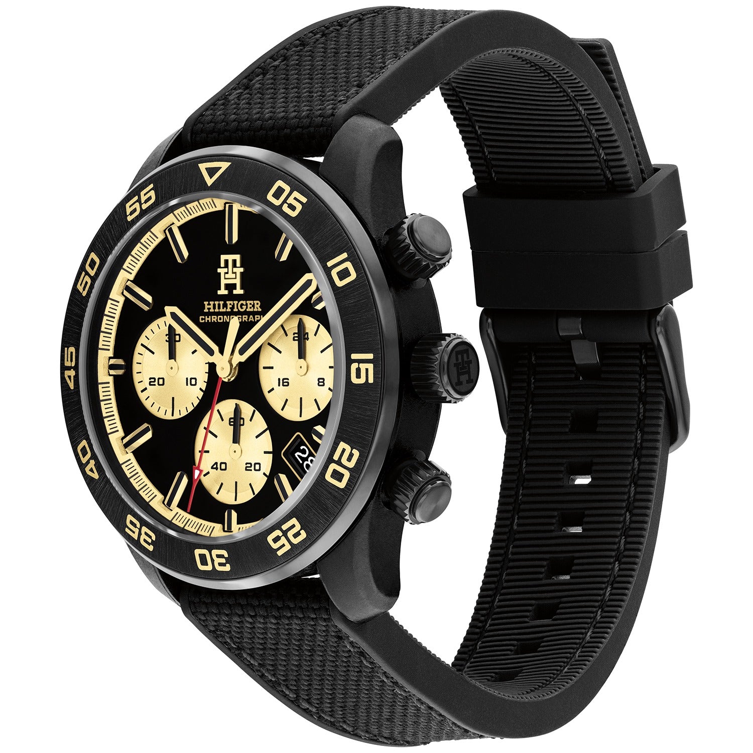 Tommy Hilfiger Damenarmbanduhr: schwarzes Zifferblatt mit goldenen Akzenten und Chronographen-Subdials