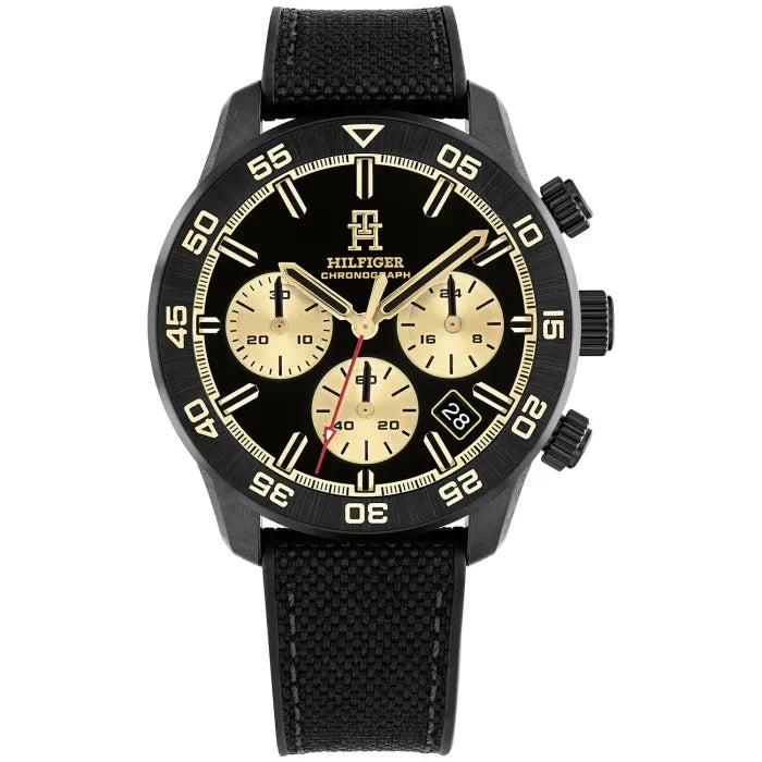 Damen-Armbanduhr mit schwarzem Textilarmband, rundem Chronographen-Zifferblatt mit Goldakzenten