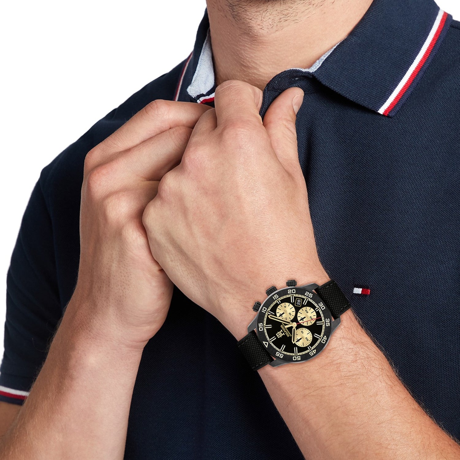 Tommy Hilfiger Damenarmbanduhr mit schwarzem Band und analogem Zifferblatt mit Chronographen-Augen