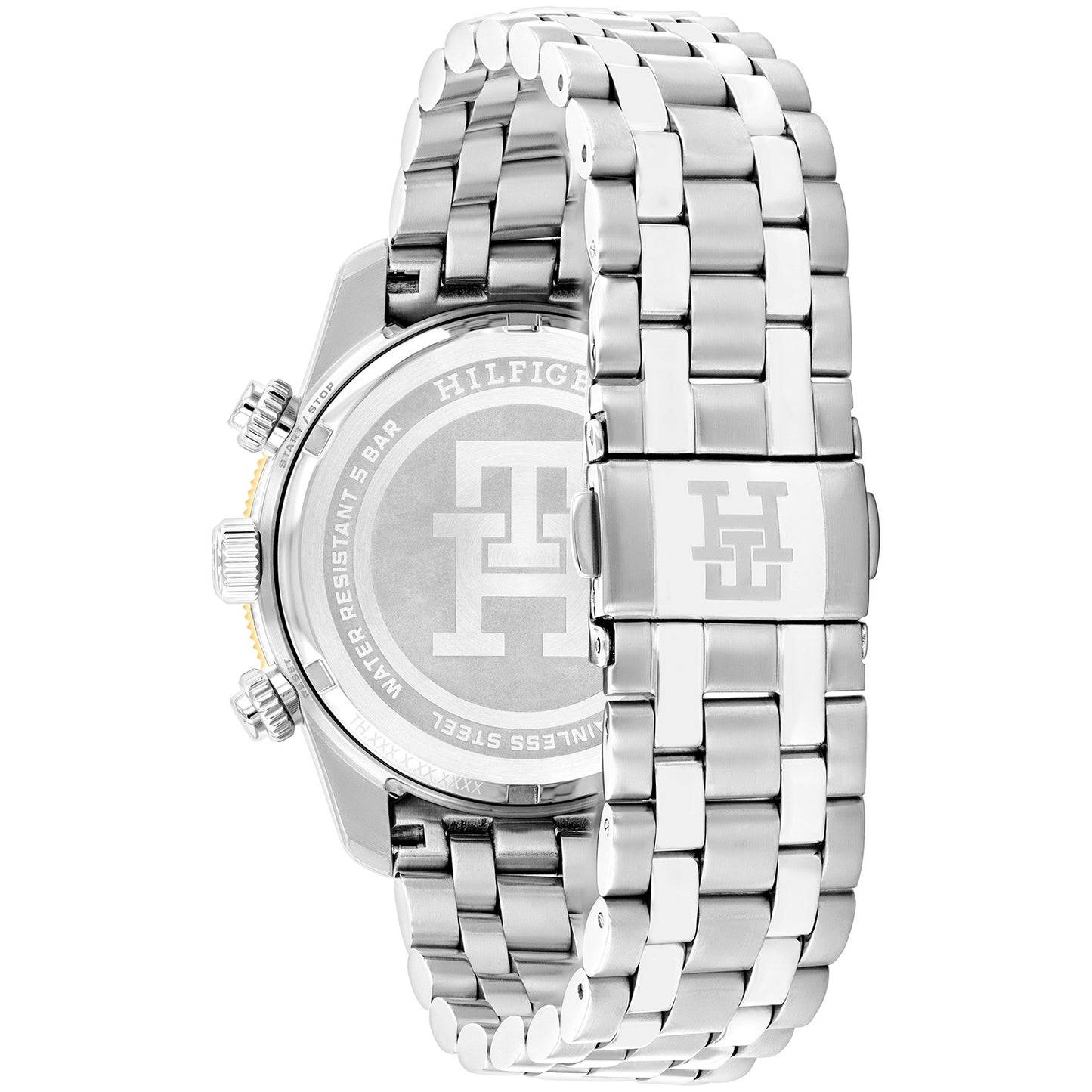 Silberne Chronographenuhr mit Metallarmband, rundem Gehäuse und Krone auf der Seite