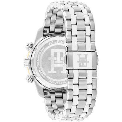 Silberne Chronographenuhr mit Metallarmband, rundem Gehäuse und Krone auf der Seite