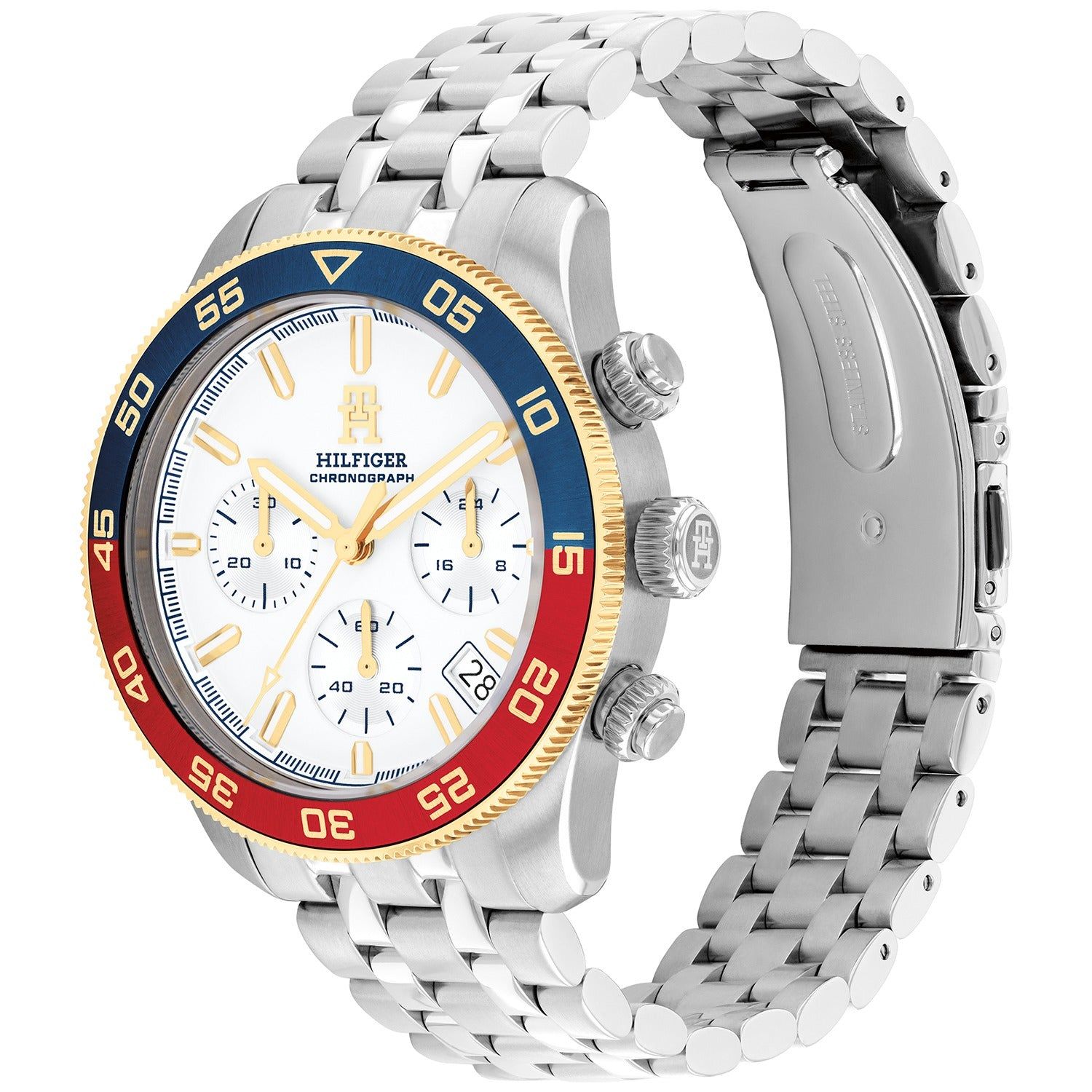 Silberne Chronographenuhr mit weißem Zifferblatt und blauer Lünette mit roten Skalen