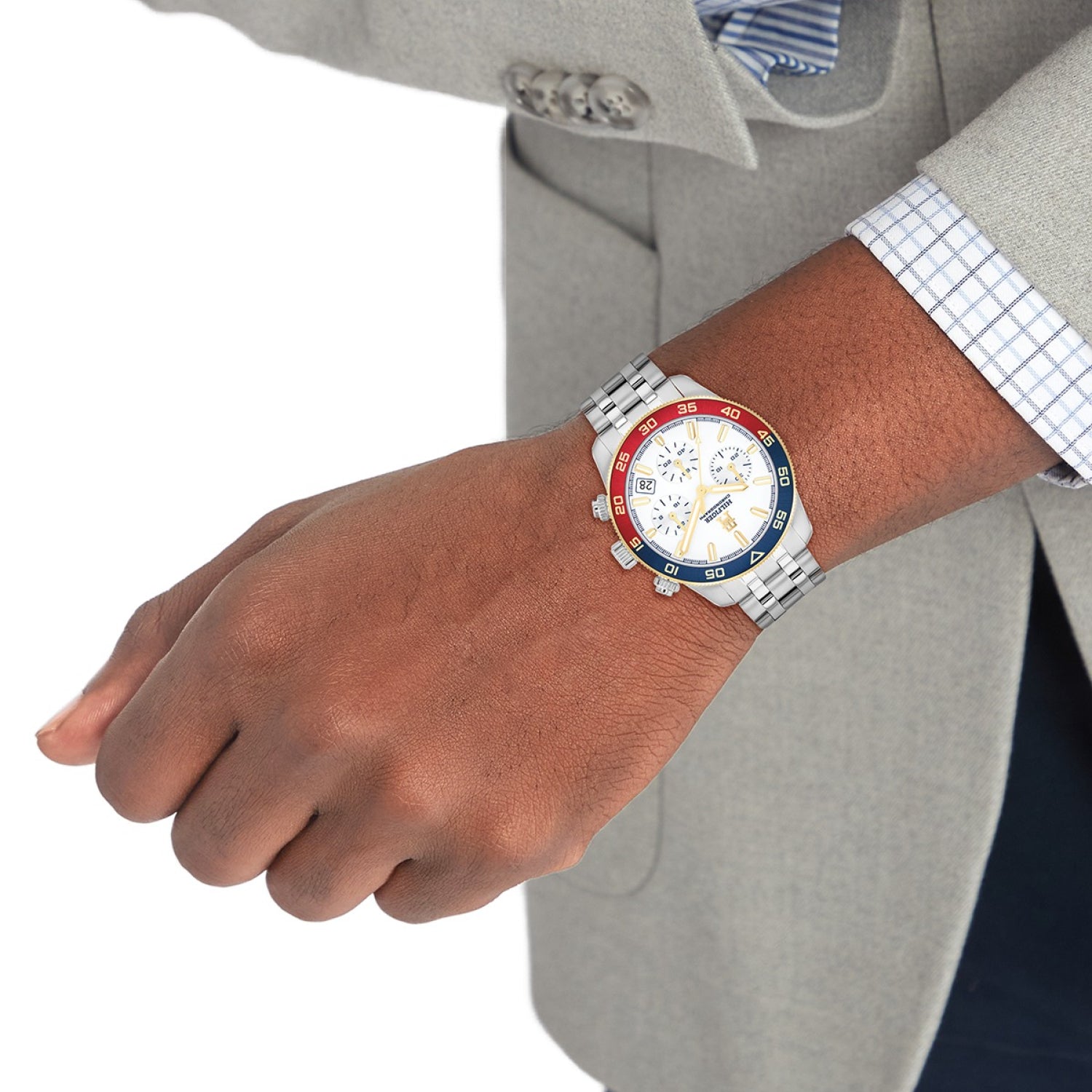 Silberne Herren-Chronographenuhr mit Metallarmband, weißem Zifferblatt und Stoppuhr-Details