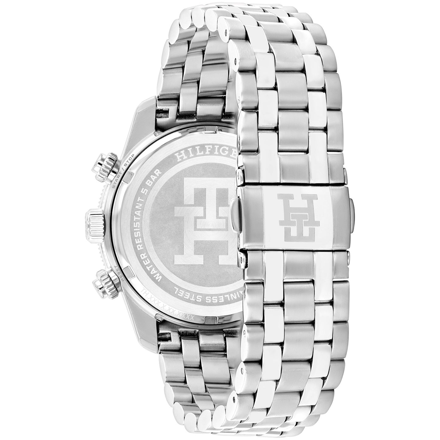 Tommy Hilfiger Herrenarmbanduhr mit silbernem Stahlband und Gehäuse von der Seite