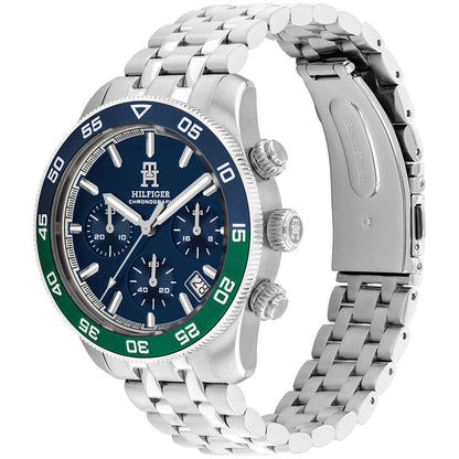 Tommy Hilfiger Herrenarmbanduhr, blaues Chronographen-Zifferblatt, grüne Akzente, Stahlarmband