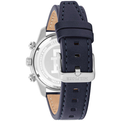 Chronograph-Uhr mit blauem Lederarmband und silbernem Gehäuse, Seitenansicht