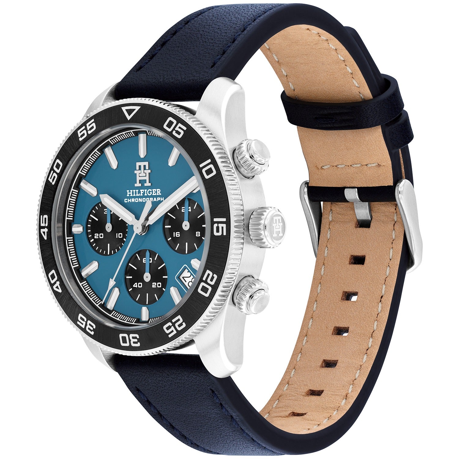 Chronograph-Uhr mit blauem Zifferblatt, silbernem Gehäuse und blauem Lederarmband