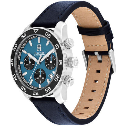 Chronograph-Uhr mit blauem Zifferblatt, silbernem Gehäuse und blauem Lederarmband