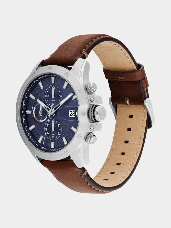 Tommy Hilfiger Jameson Herrenuhr mit blauem Zifferblatt, braunem Lederarmband und Datumsanzeige