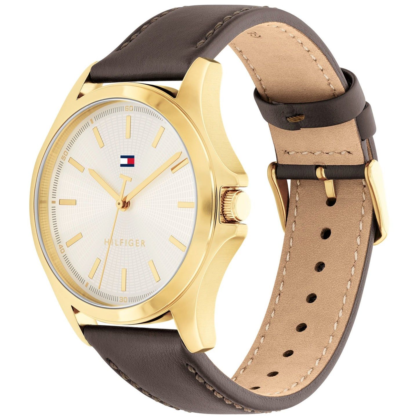 Tommy Hilfiger Herren-Armbanduhr 3/4: dunkles Lederband, weißes Zifferblatt, goldfarbener Gehäusekranz.
