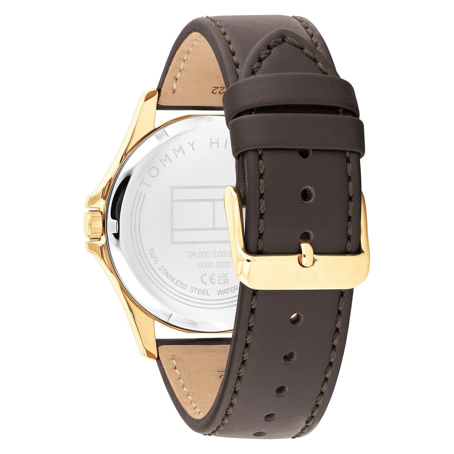 Tommy Hilfiger Herren-Armbanduhr Rückseite: Gehäuseboden, dunkles Lederband, goldfarbene Schließe.