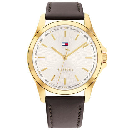 Tommy Hilfiger Herren-Armbanduhr: goldener Rahmen, weißes Zifferblatt, dunkles Lederband.