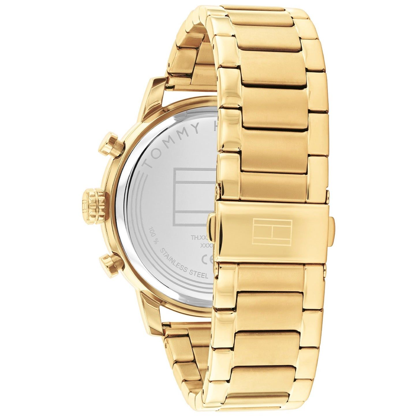 Tommy Hilfiger Rocky Uhr mit goldfarbenem Gliederarmband, Seitenansicht des Gehäuses