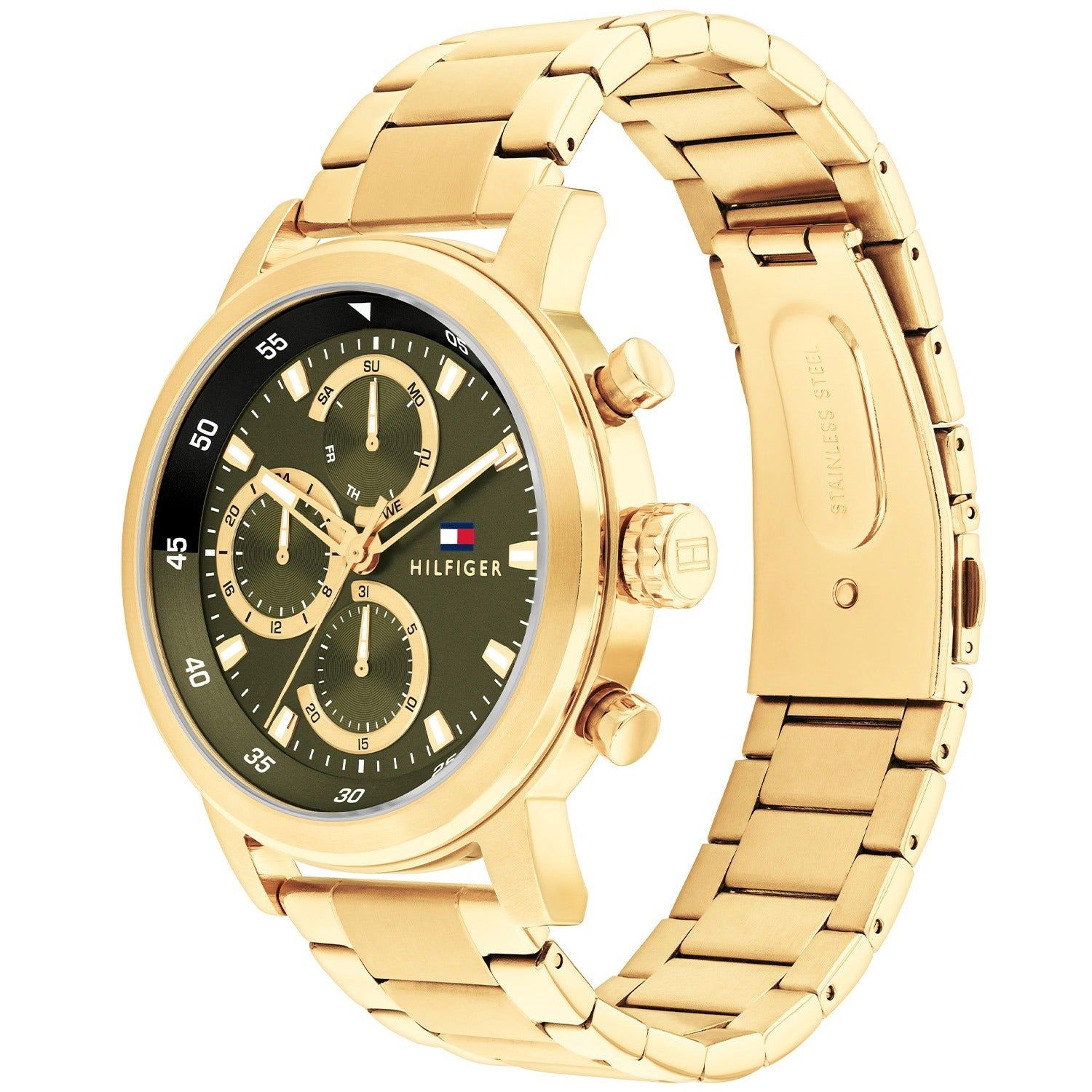 Herrenarmbanduhr Tommy Hilfiger Rocky mit goldfarbenem Gehäuse und schwarzem Zifferblatt