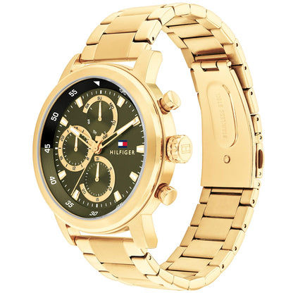 Herrenarmbanduhr Tommy Hilfiger Rocky mit goldfarbenem Gehäuse und schwarzem Zifferblatt